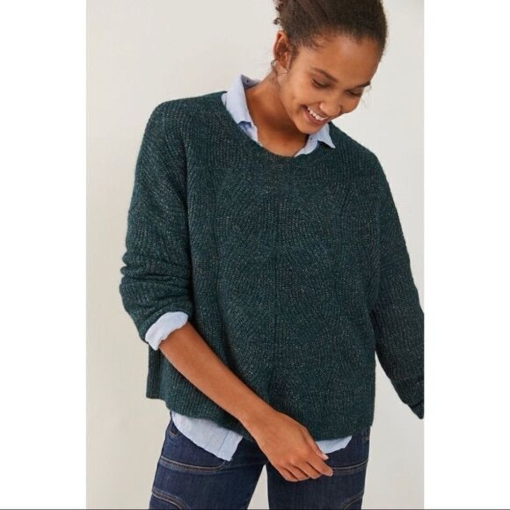 Anthropologie | Keely‎ Fisherman Cable Knit Pointelle Marled Green Sweater XS